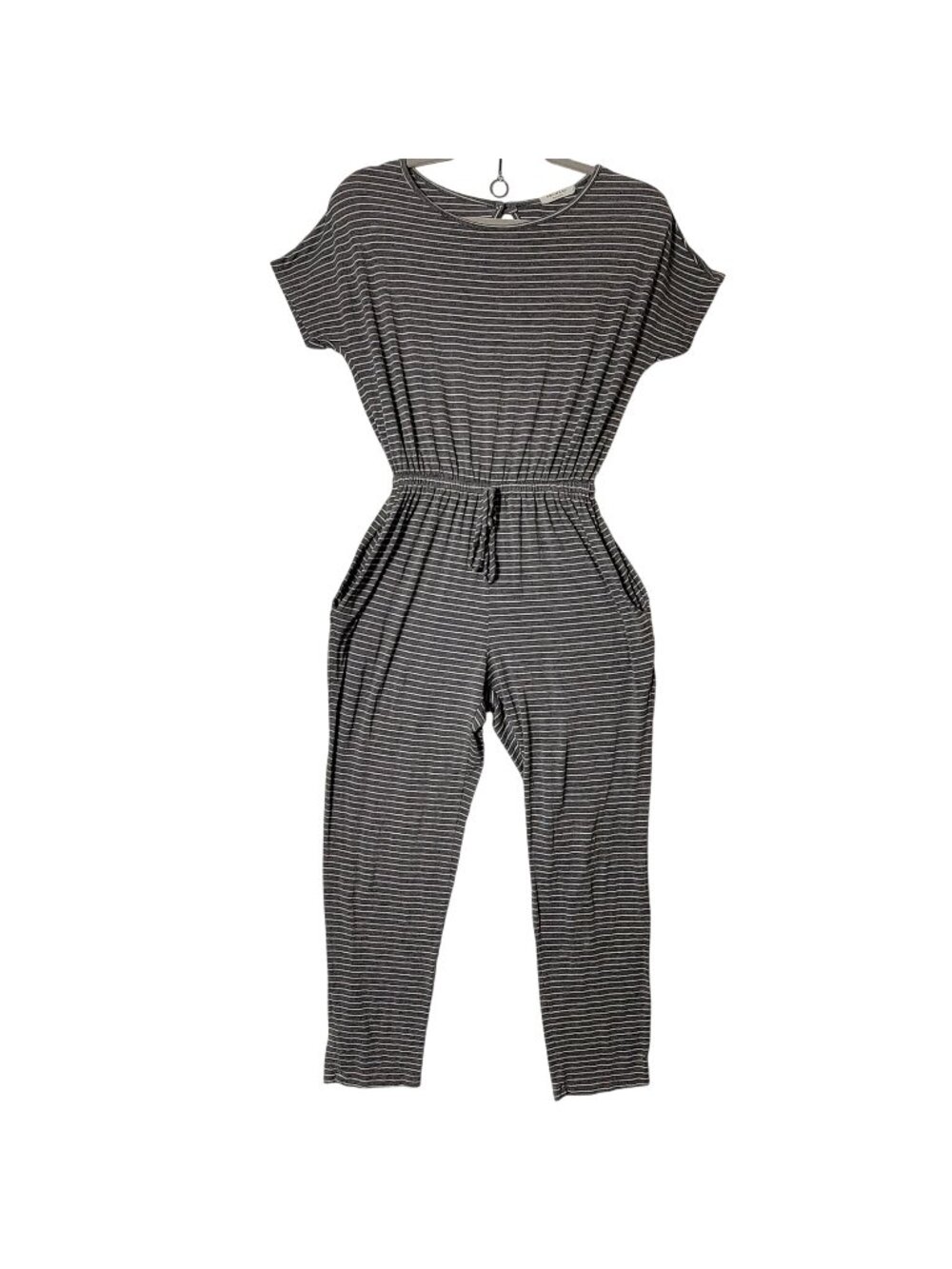 Promesa USA Jumpsuit Womens Sz M Drawstring Pockets Tapered Leg Grey & White USA
